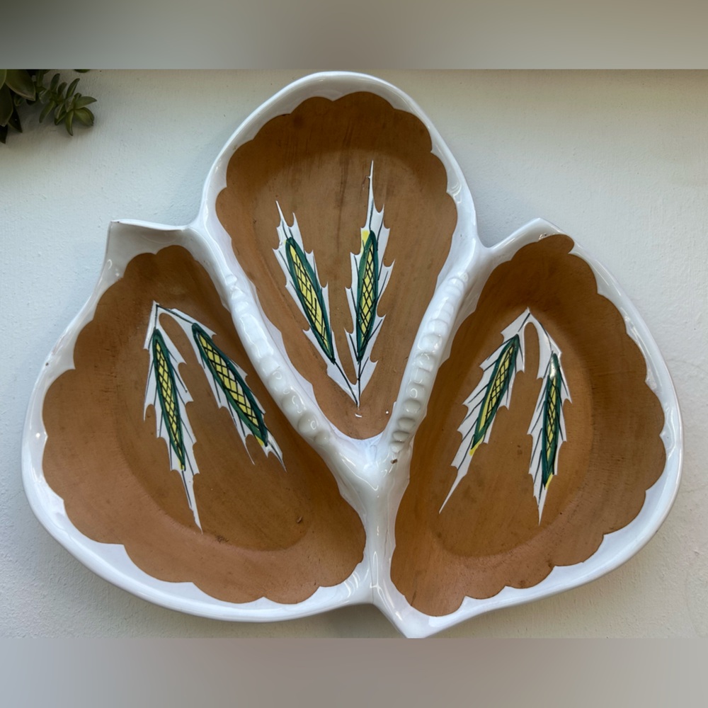 Vintage Made in Italy ceramic hand painted white & green 3 section serving dish